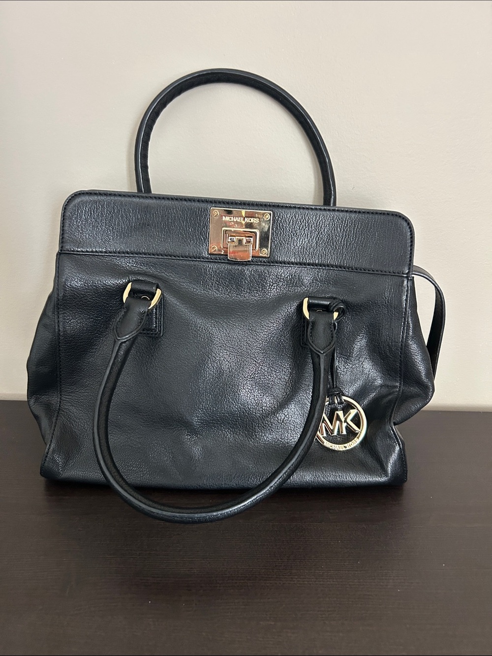 Michael Kors Black Leather Satchel with Gold Hardware
